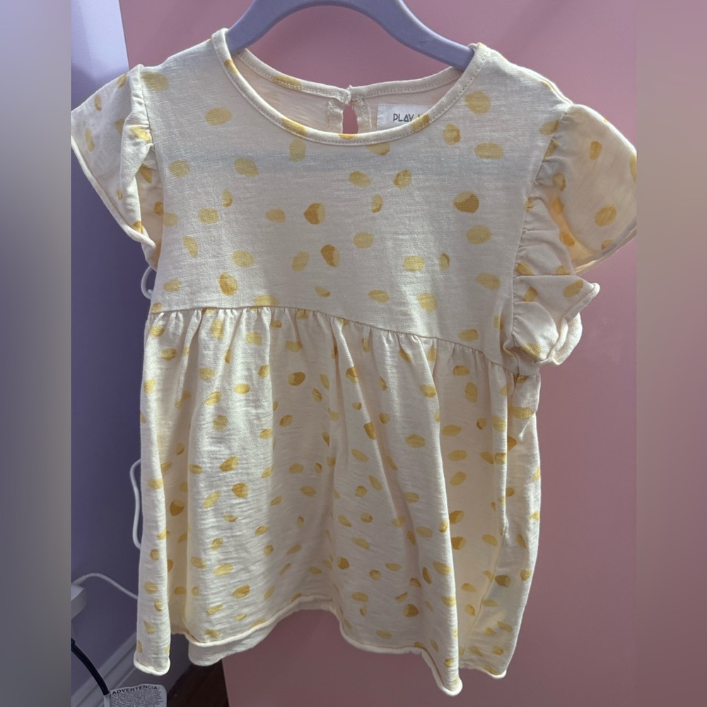 NWT Play Up yellow polka dot cotton dress with flutter sleeves. Size 24M